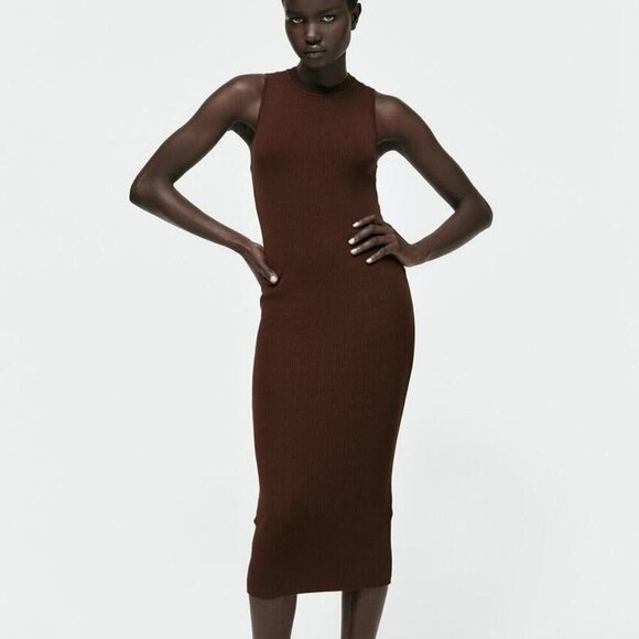 Zara Women's M Fitted Rib Brown Maxi Dress - Picture 1 of 9
